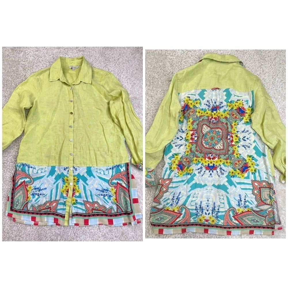 John Mark lime green linen mixed print button-front tunic artsy paisley Small